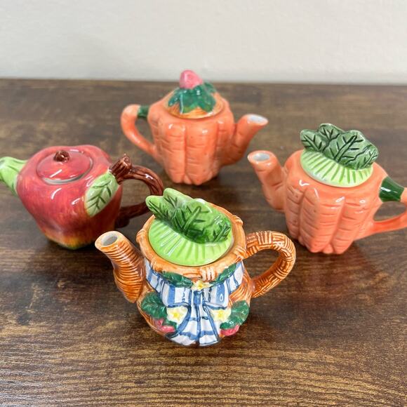4 Vintage Fine Ceramic Miniature Lidded Teapots Apple Carrot Basket Collectible - Picture 1 of 12